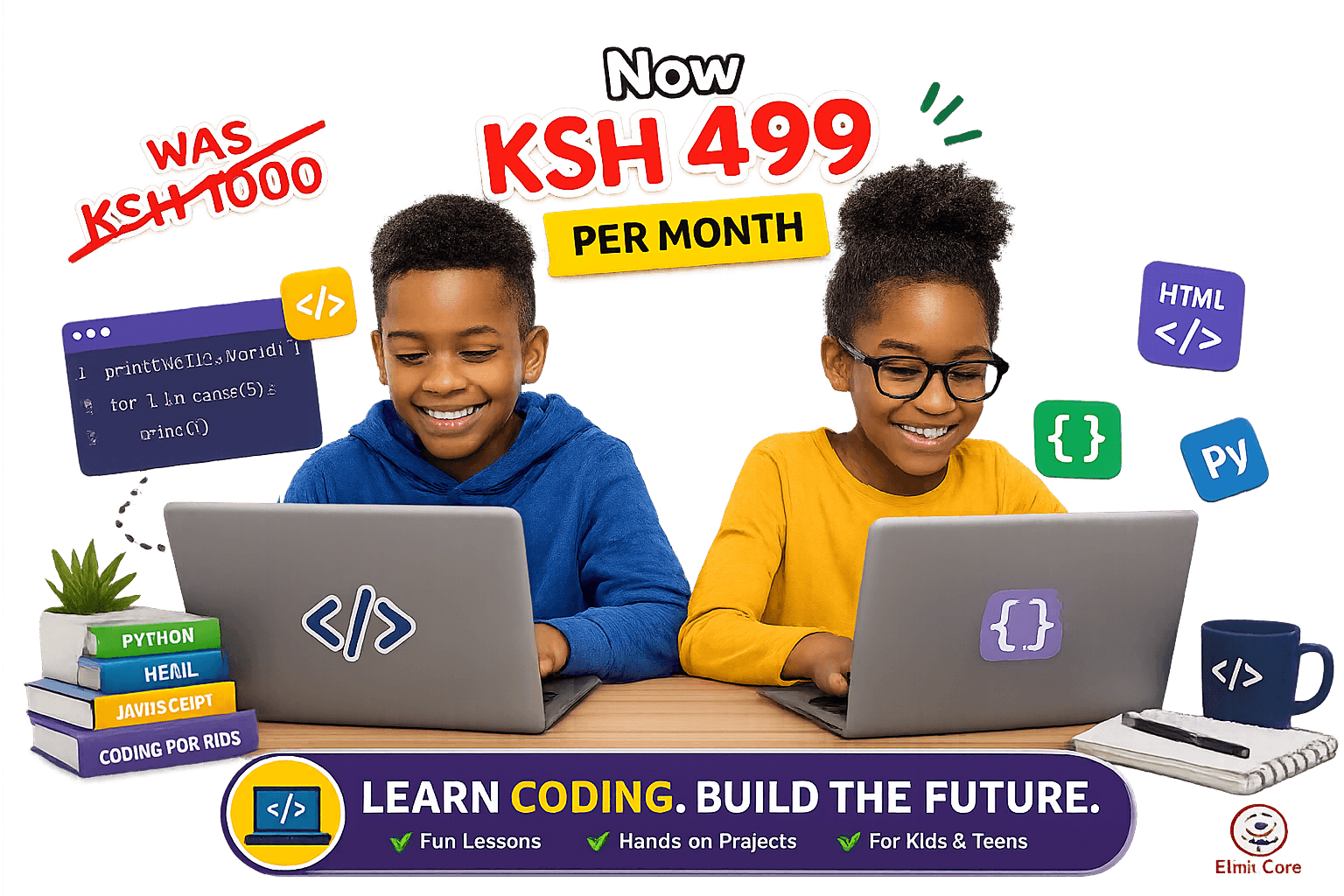 African children learning coding on laptops